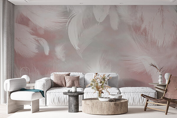 White feathers on a pink background