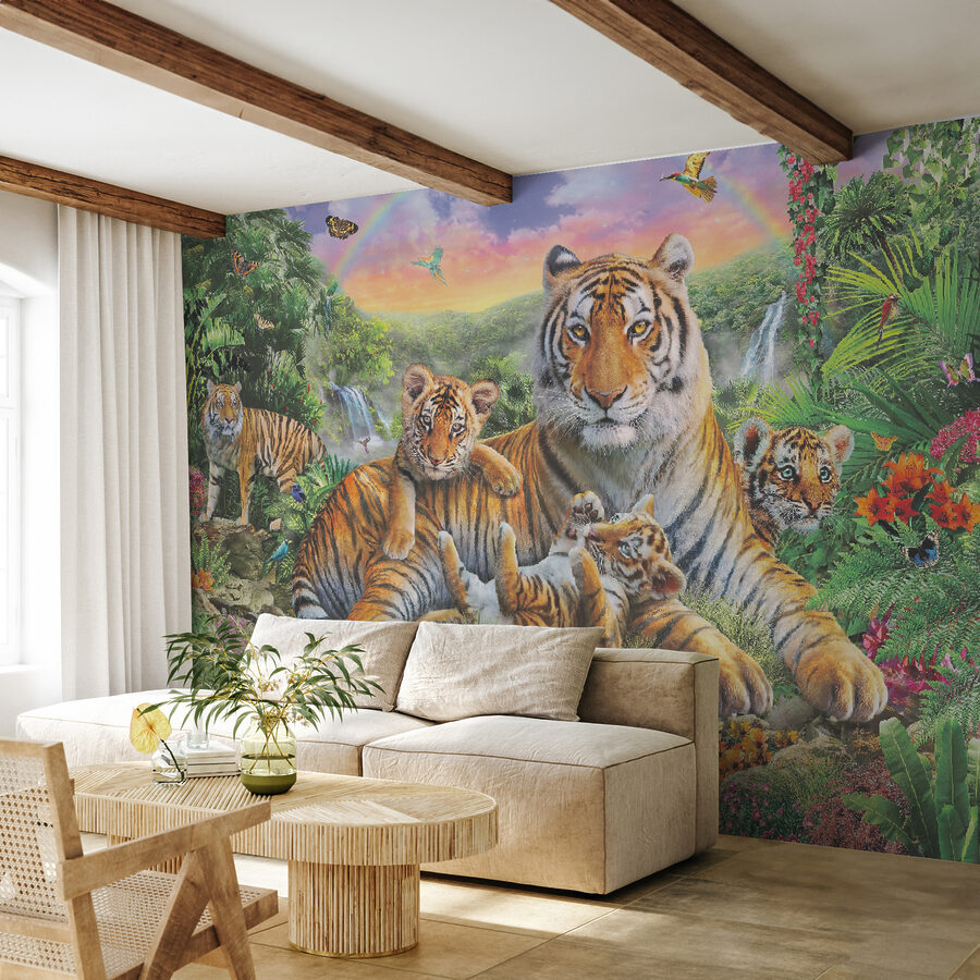 Group of tigers lying in a river