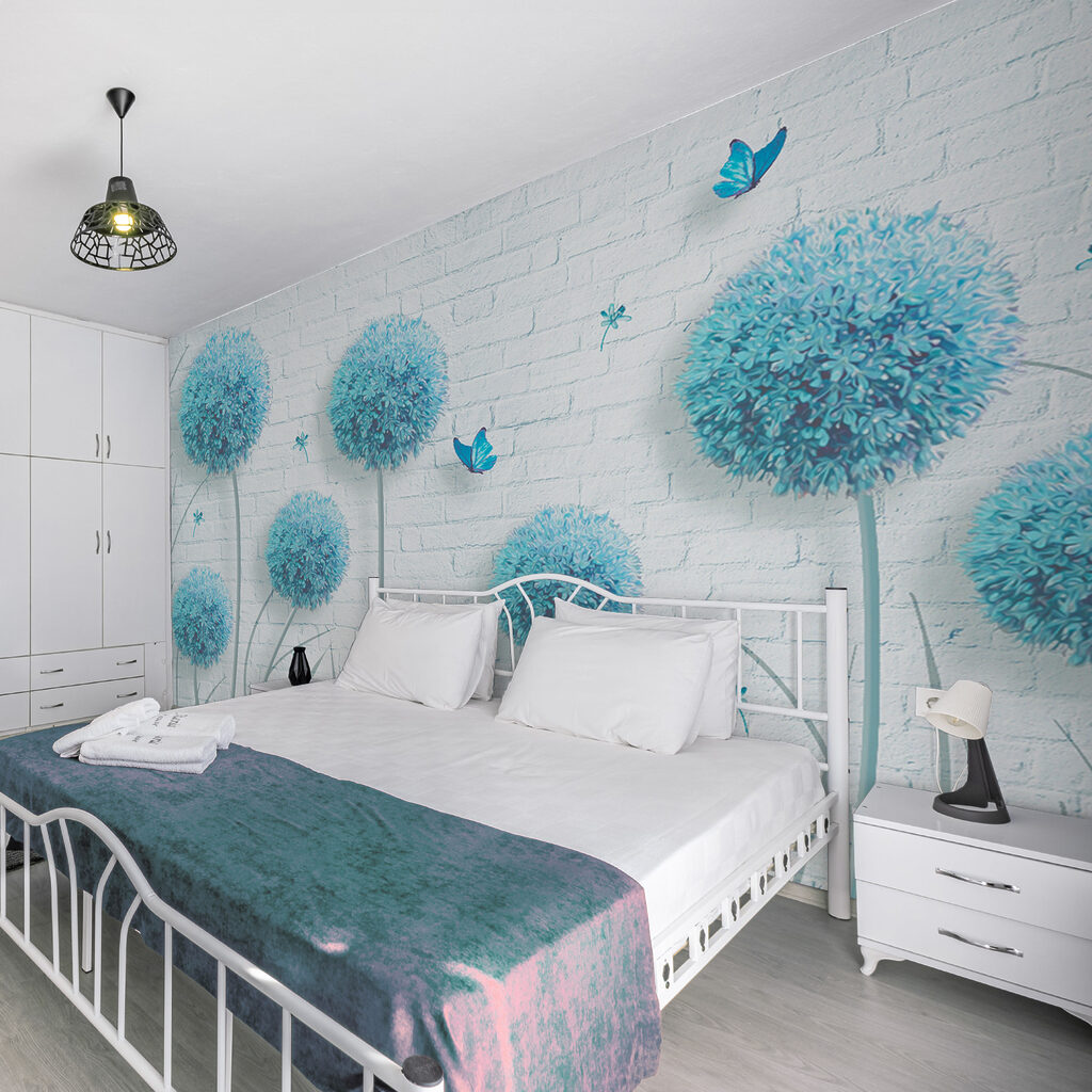 Wallpaper with blue flowers and butterflies