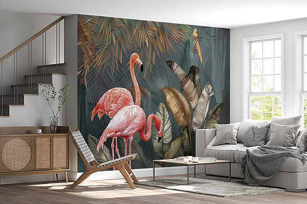 Pink flamingos and a bird in a forest Pink flamingos and a bird in a forest