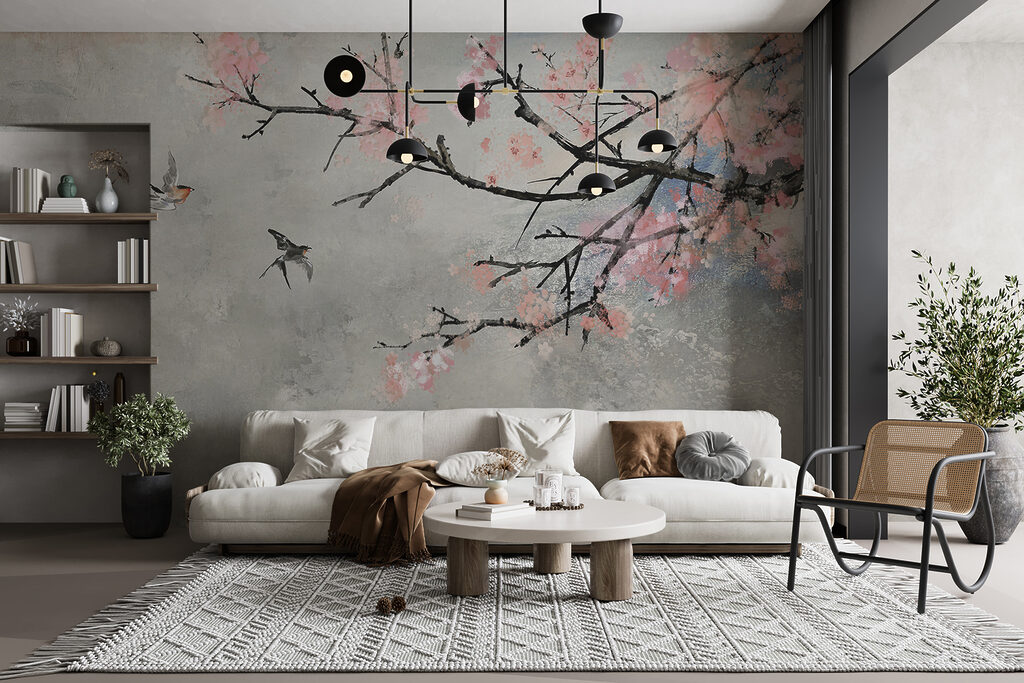 Tree branch with pink flowers and birds flying Tree branch with pink flowers and birds flying