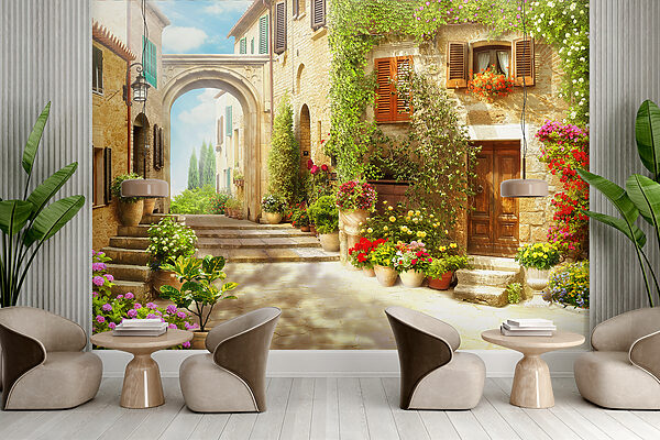 Stone building with a door and a doorway with plants in pots Stone building with a door and a doorway with plants in pots