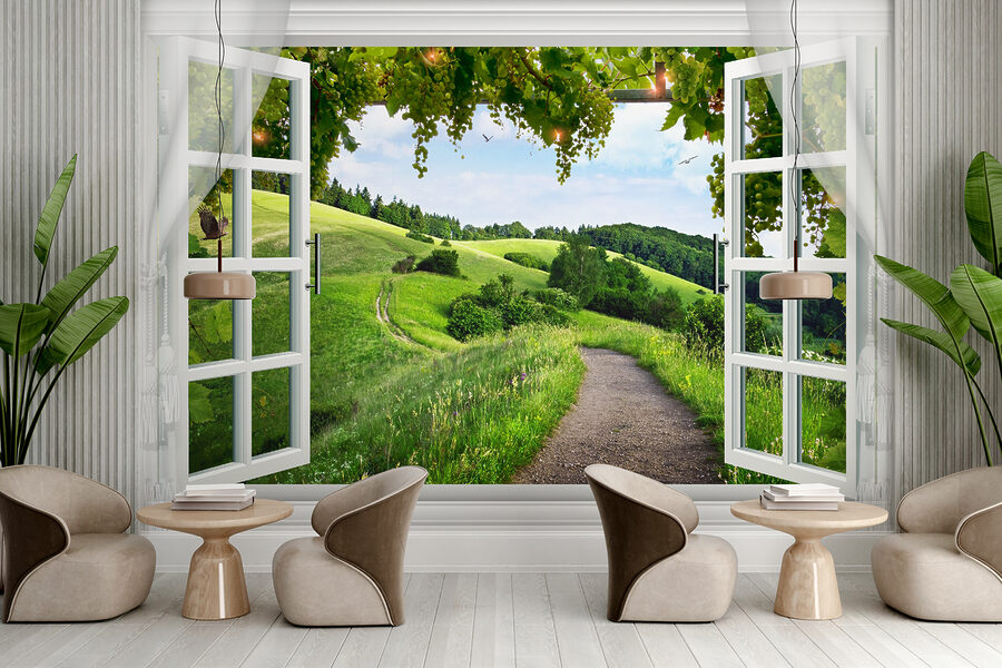 Window with open doors and a path through a grassy field Window with open doors and a path through a grassy field