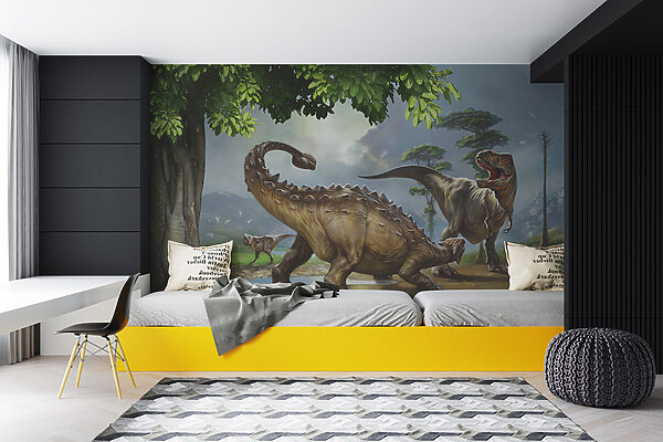 Painting of dinosaurs near a river Painting of dinosaurs near a river