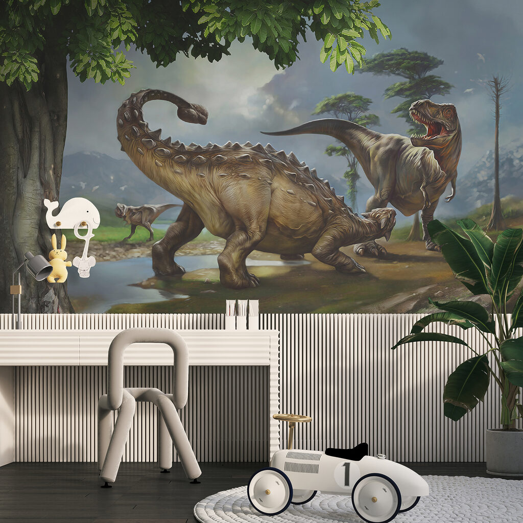 Painting of dinosaurs near a river