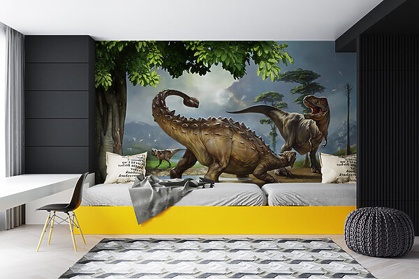 Painting of dinosaurs near a river Painting of dinosaurs near a river