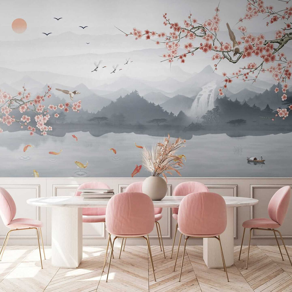 Painting of a river with a waterfall and birds