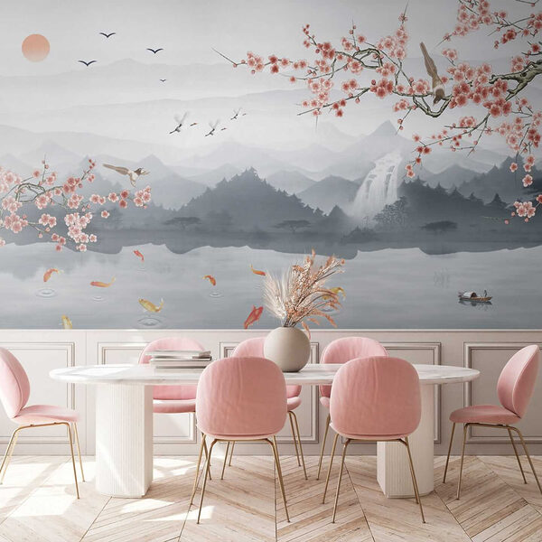 Painting of a river with a waterfall and birds Painting of a river with a waterfall and birds