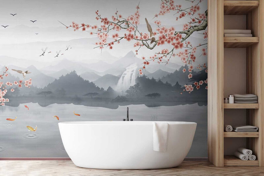 Painting of a river with a waterfall and birds Painting of a river with a waterfall and birds