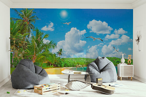 Beach with palm trees and a body of water Beach with palm trees and a body of water