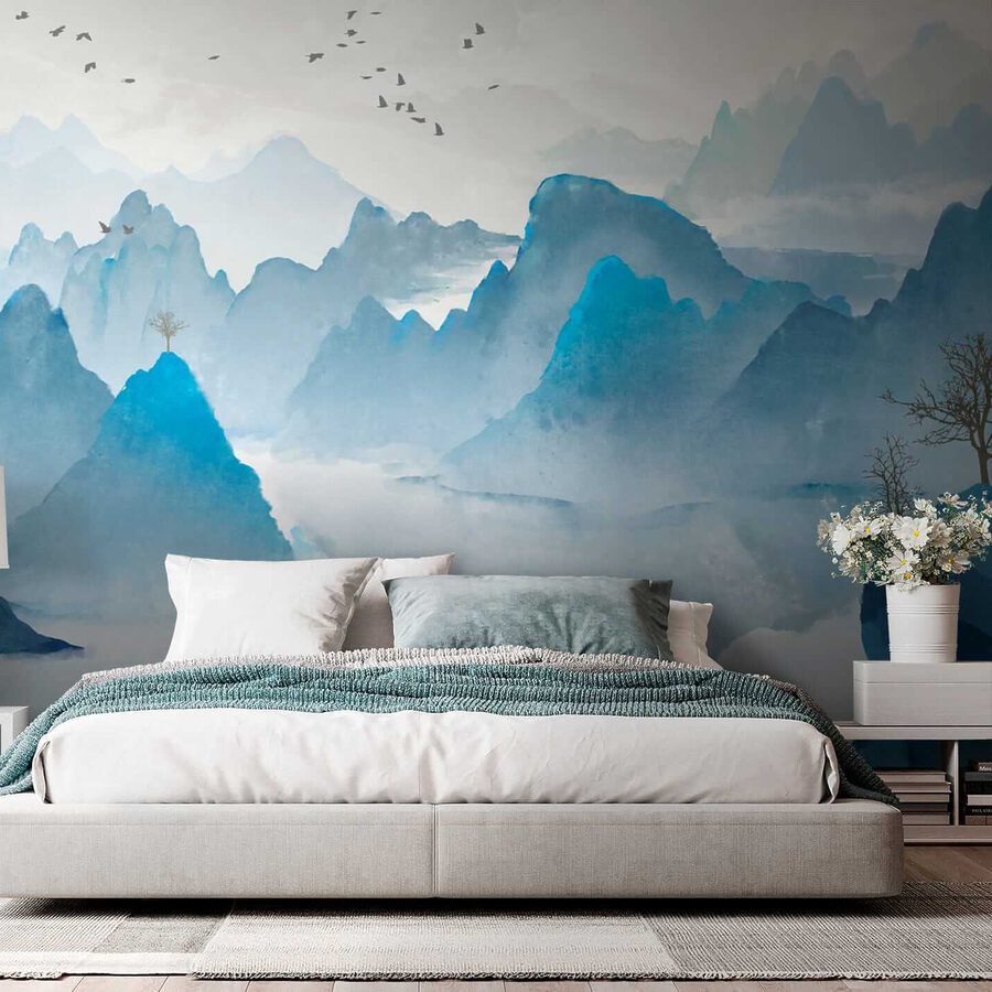 Watercolor painting of mountains and birds
