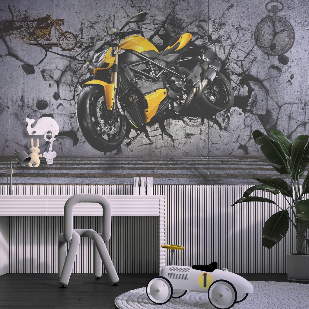 Yellow motorcycle on a wall Yellow motorcycle on a wall