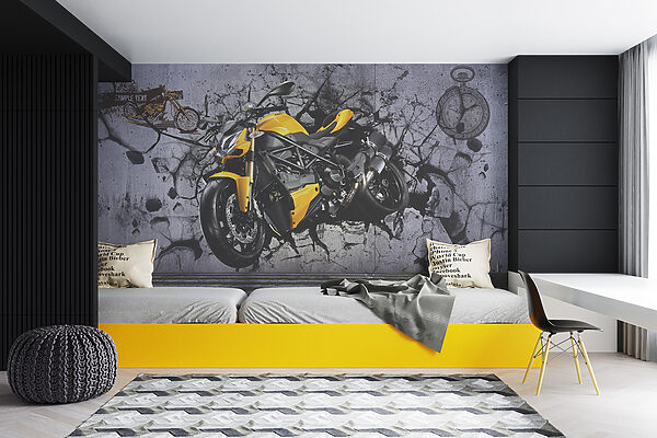 Yellow motorcycle on a wall Yellow motorcycle on a wall