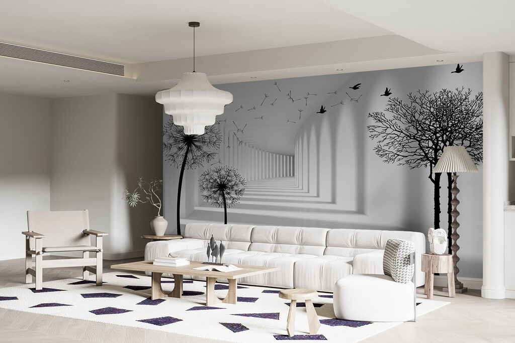 White room with trees and birds flying