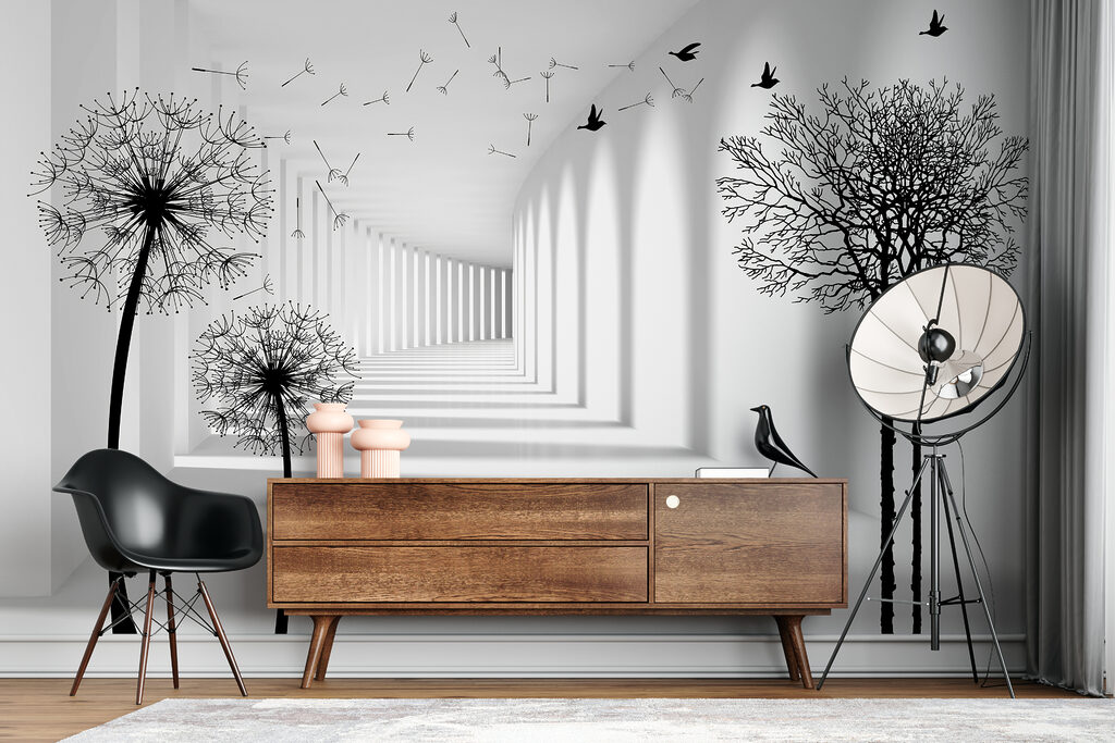 White room with trees and birds flying