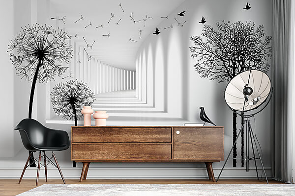 White room with trees and birds flying