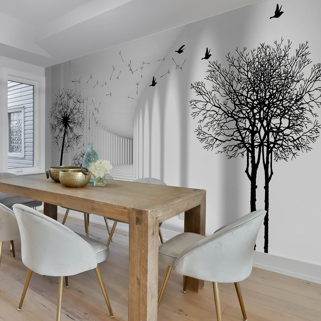 White room with trees and birds flying