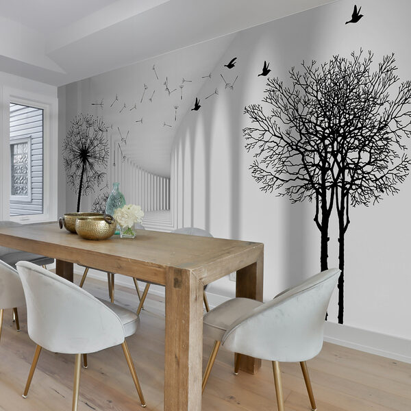 White room with trees and birds flying