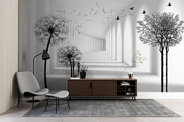 White room with trees and birds flying