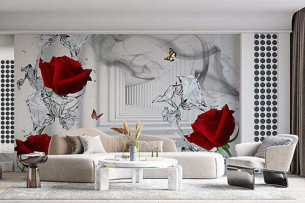 Red roses and butterflies in a glass Red roses and butterflies in a glass