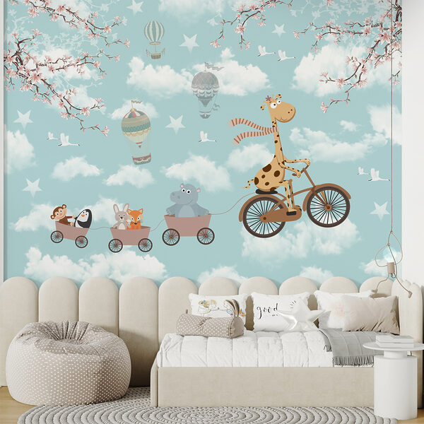 Giraffe riding a bicycle with animals in a train Giraffe riding a bicycle with animals in a train