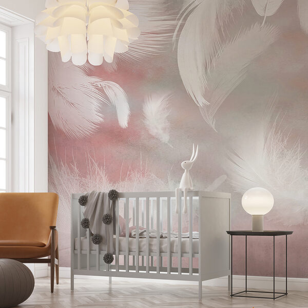 White feathers on a pink background