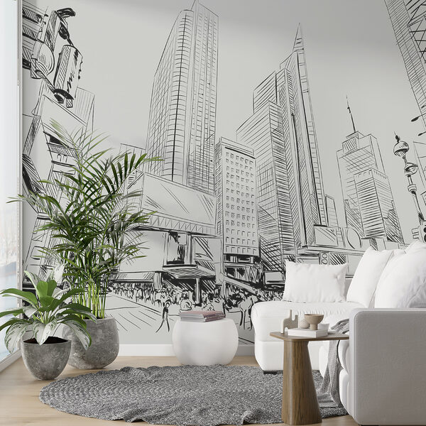 Drawing of a city with tall buildings Drawing of a city with tall buildings