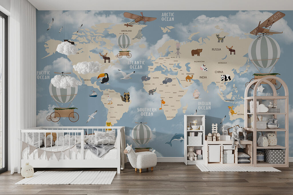 Map of the world with different animals and birds