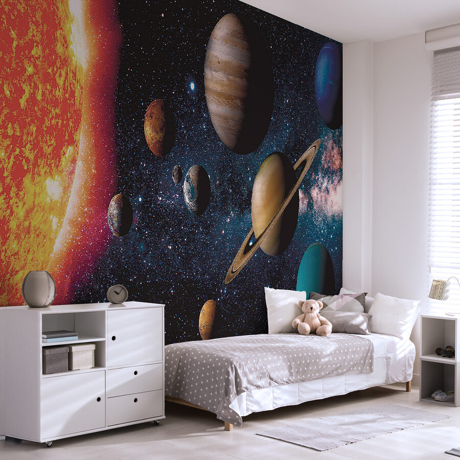 Planets in space with stars and a bright star