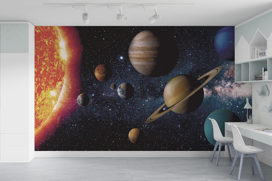 Planets in space with stars and a bright star