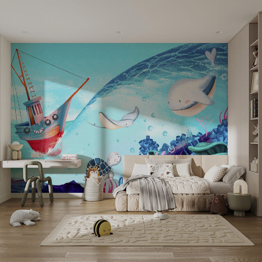 Wall murals Cartoon of a boat and sea animals - Image 4