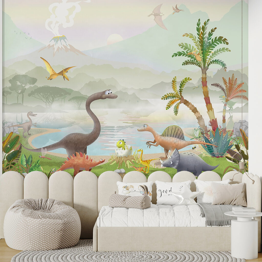 Group of dinosaurs near a lake