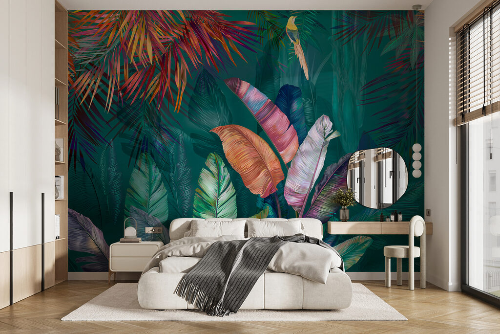 Colorful tropical leaves and birds Colorful tropical leaves and birds