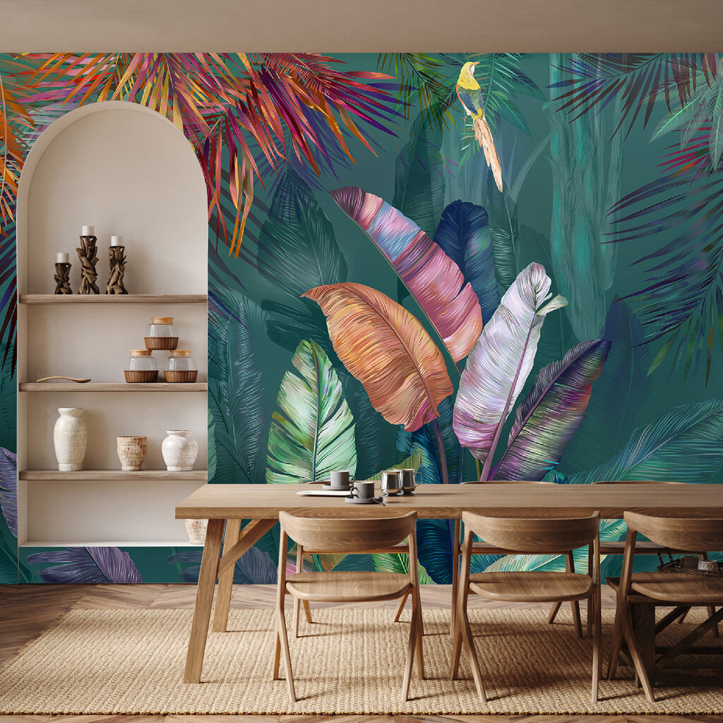 Colorful tropical leaves and birds Colorful tropical leaves and birds