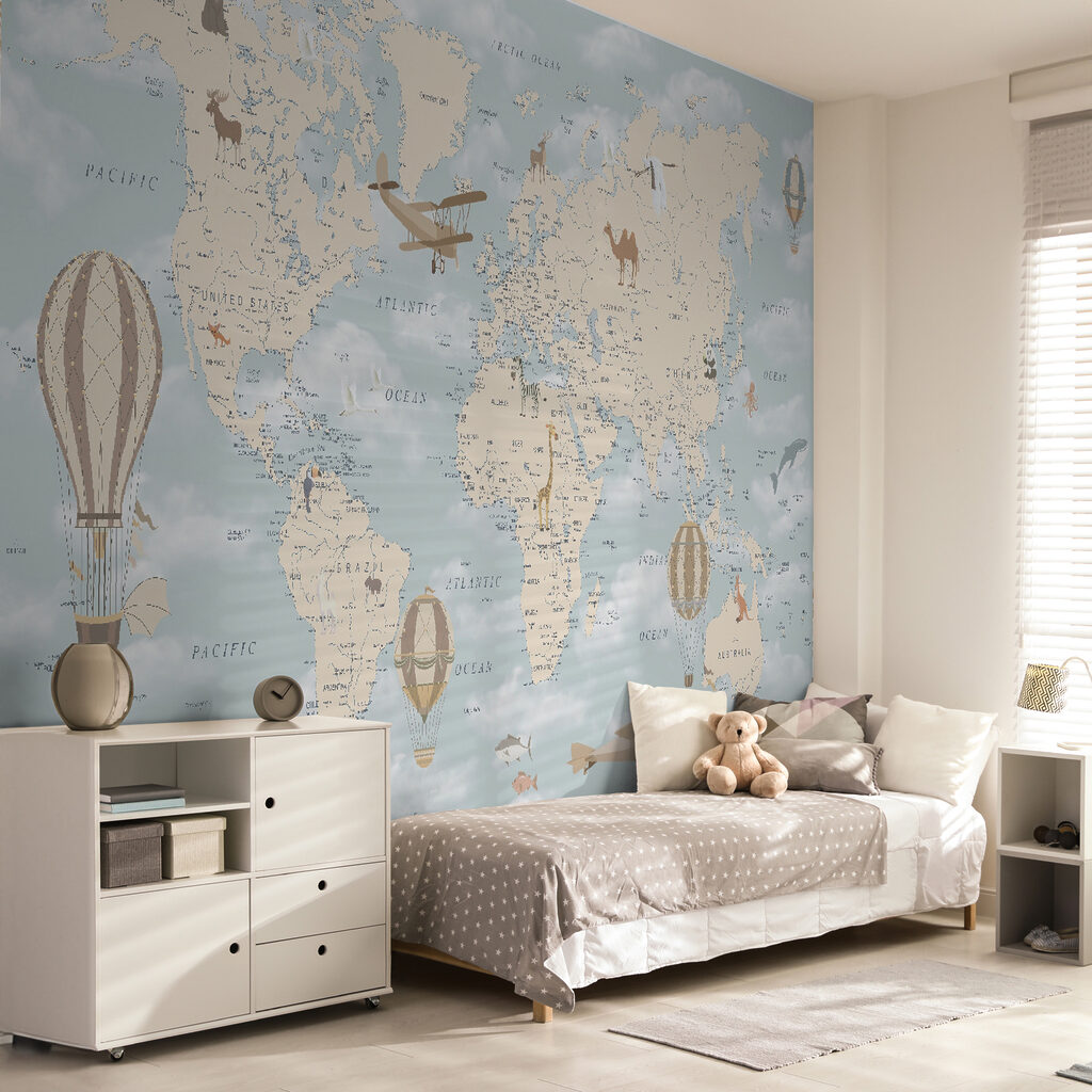 Map of the world with different animals and birds