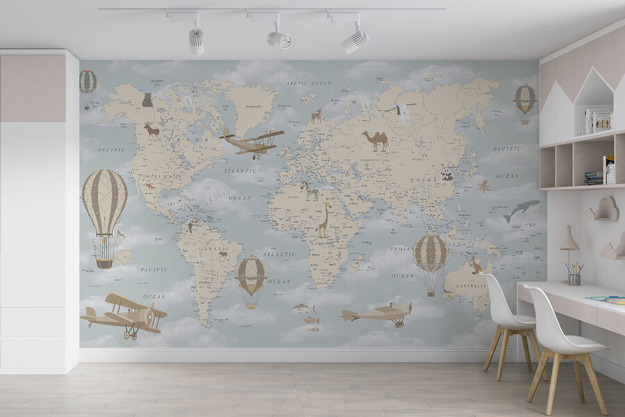 Map of the world with different animals and birds Map of the world with different animals and birds