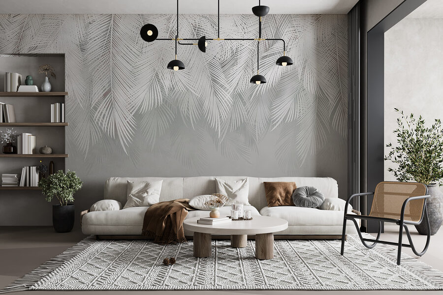 White feather pattern on a gray background