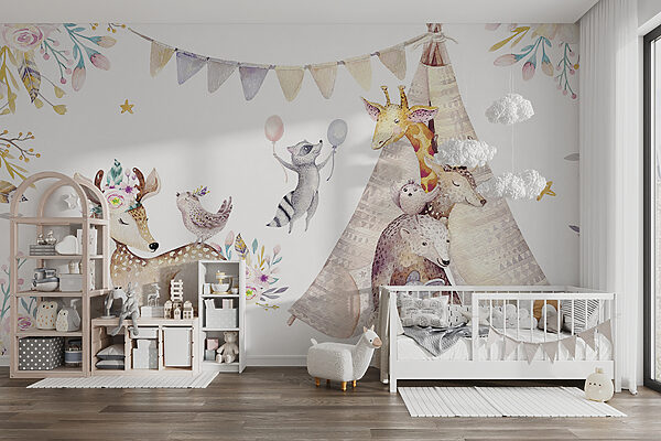 Group of animals with a teepee