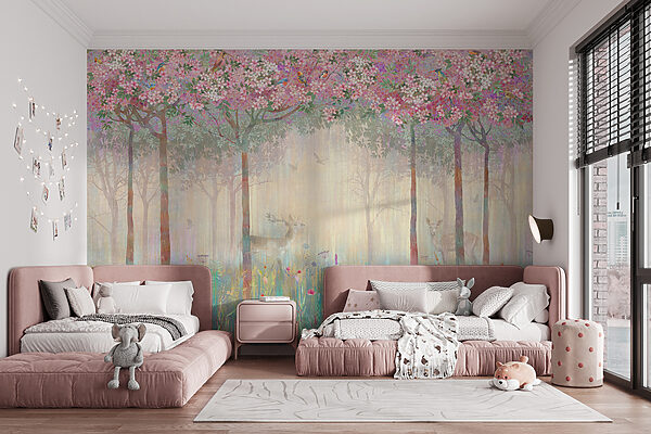 Painting of a forest with trees and flowers Painting of a forest with trees and flowers
