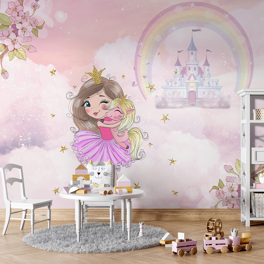 Cartoon of a girl hugging a little girl in a pink dress