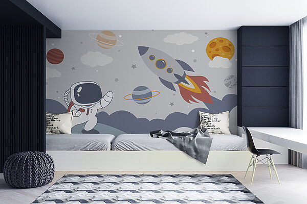 Cartoon an astronaut walking on a planet with a rocket in the sky Cartoon an astronaut walking on a planet with a rocket in the sky