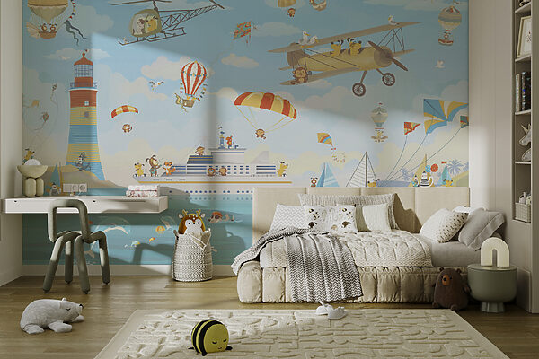 Cartoon animals flying over a boat Cartoon animals flying over a boat