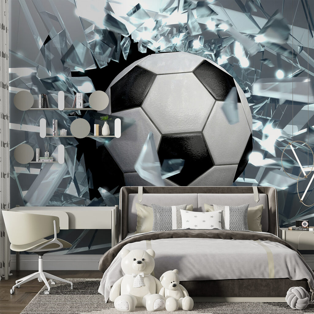 Football ball breaking through glass