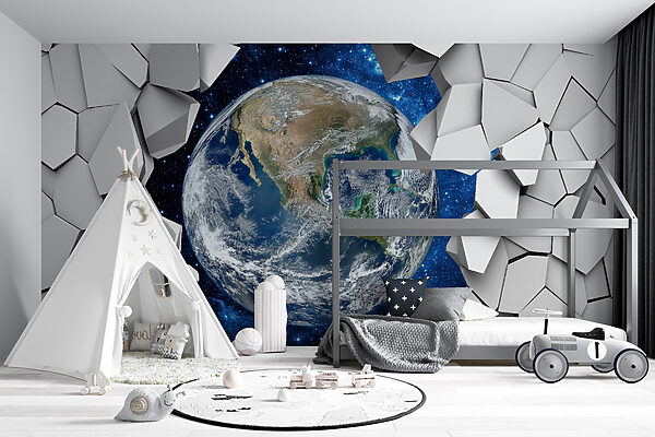 Planet earth breaking through a hole in the wall Planet earth breaking through a hole in the wall