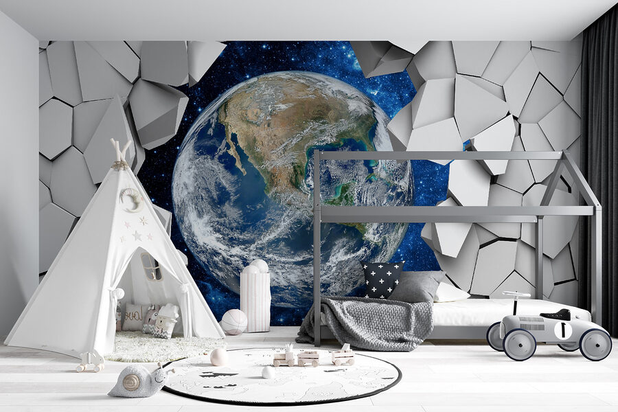 Planet earth breaking through a hole in the wall Planet earth breaking through a hole in the wall