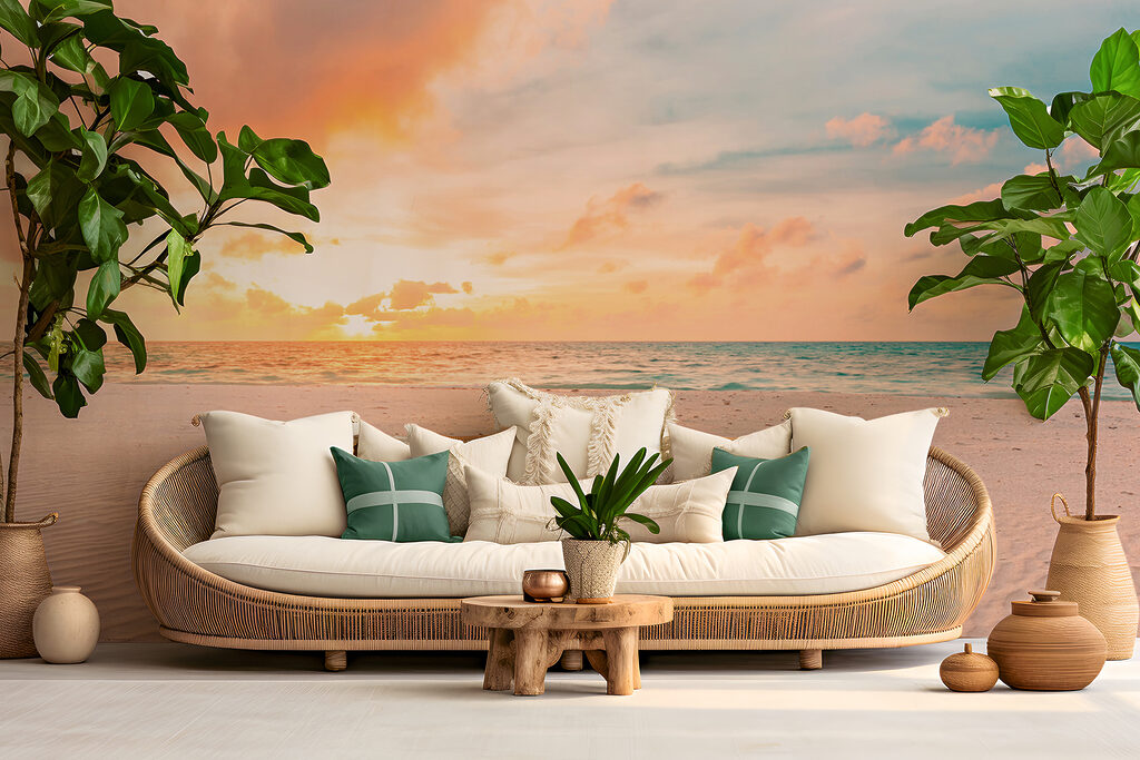 A sandy beach with waves and a sunset