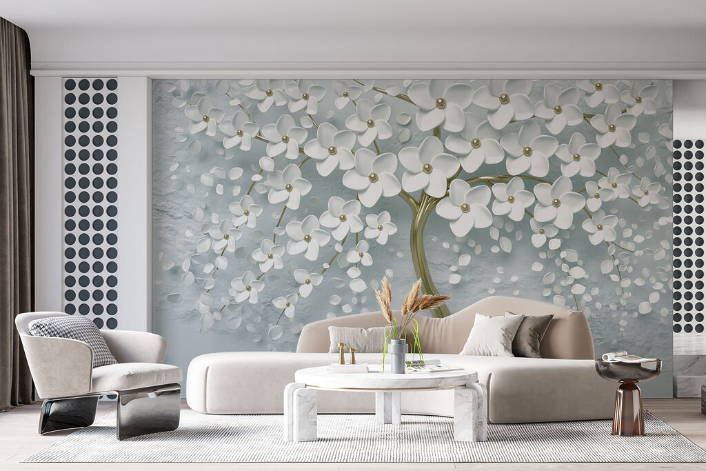 Tree with white flowers on a grey background