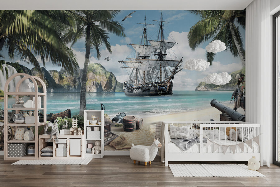 Wall murals Painting of a ship on a beach - Image 3
