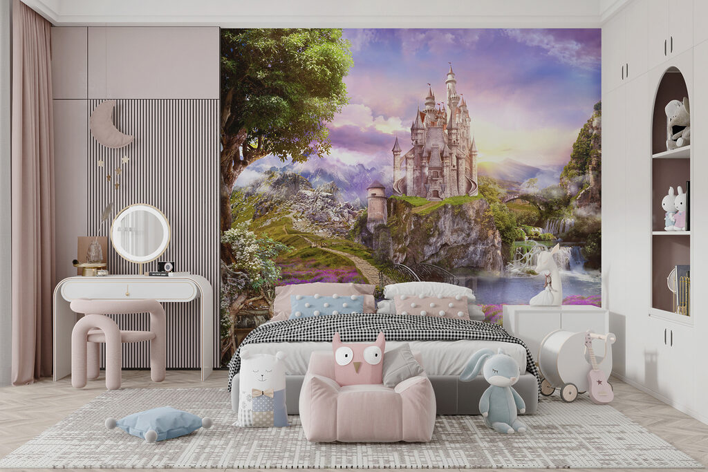 Castle on a cliff with a waterfall and a bridge Castle on a cliff with a waterfall and a bridge