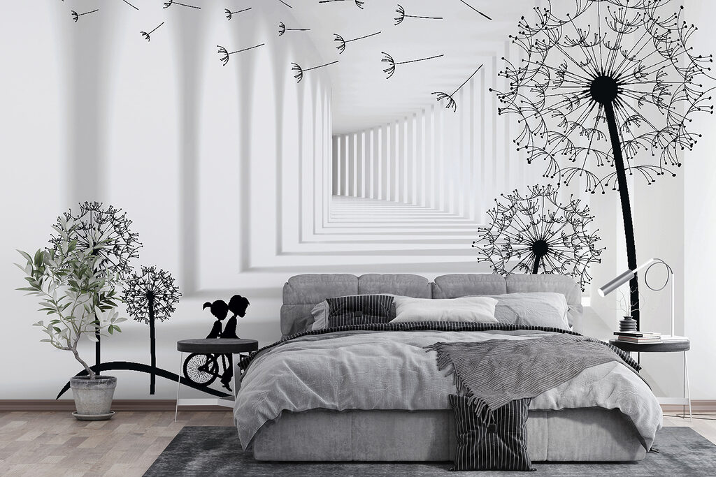 Girl riding a bike in a room with dandelions Girl riding a bike in a room with dandelions